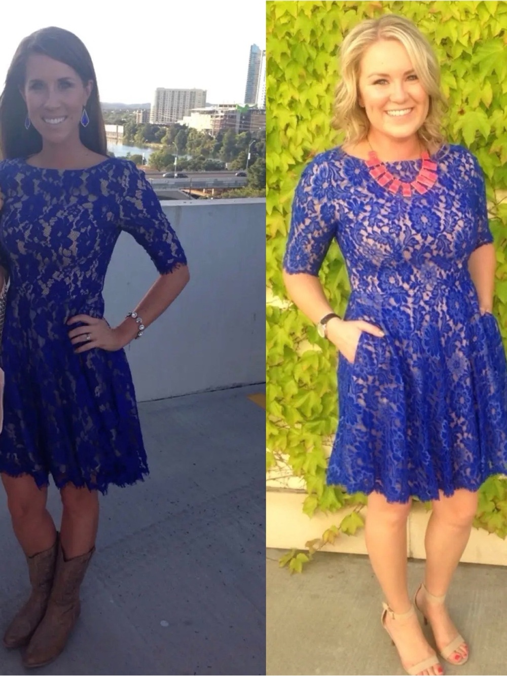 Monique Lhuillier Royal Blue Scalloped Hem Lace Fit-and-Flare Dress S